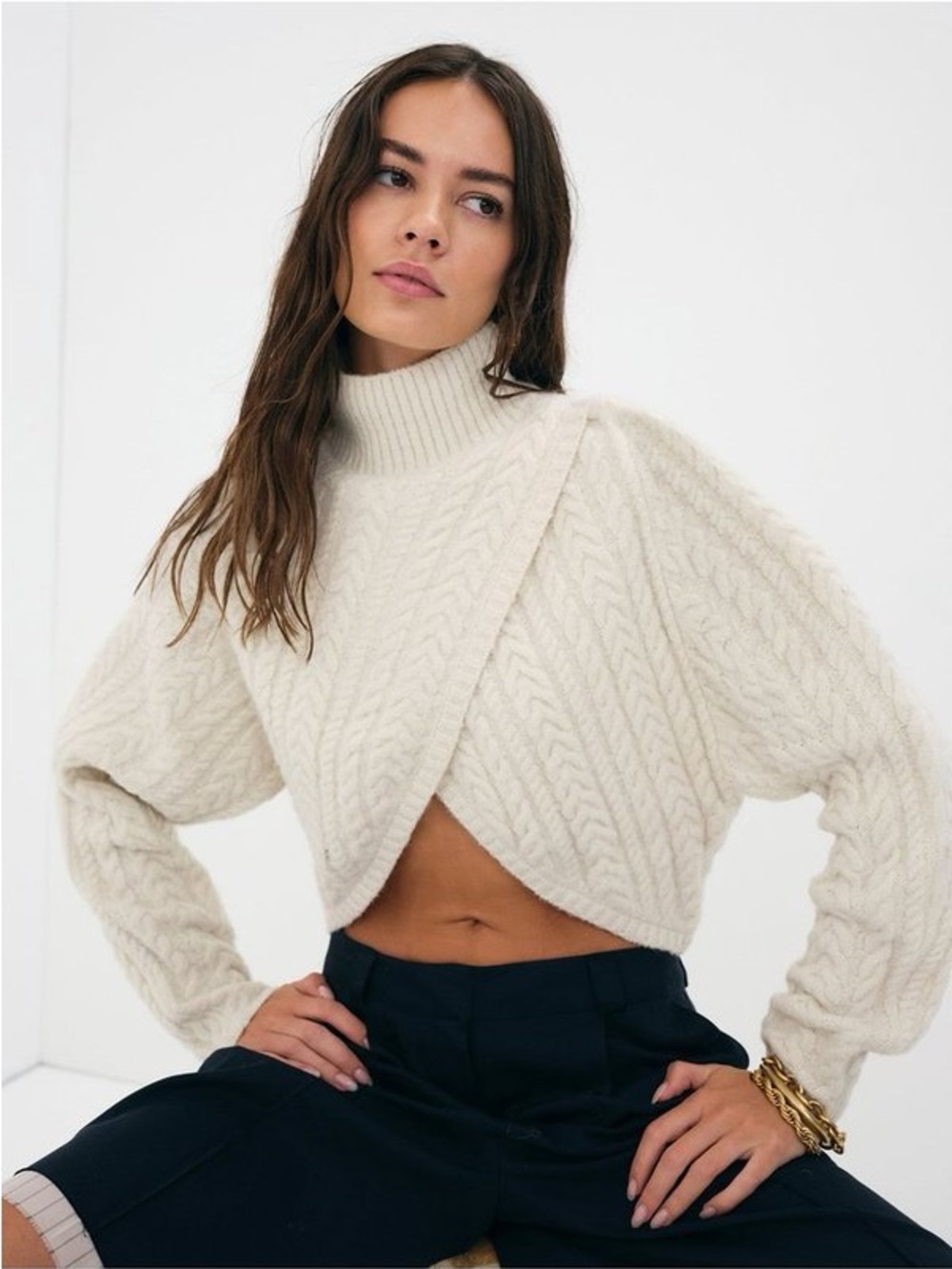 For Love & Lemons - Amelia Cross -  Cable-Knit Cropped Turtleneck XXS